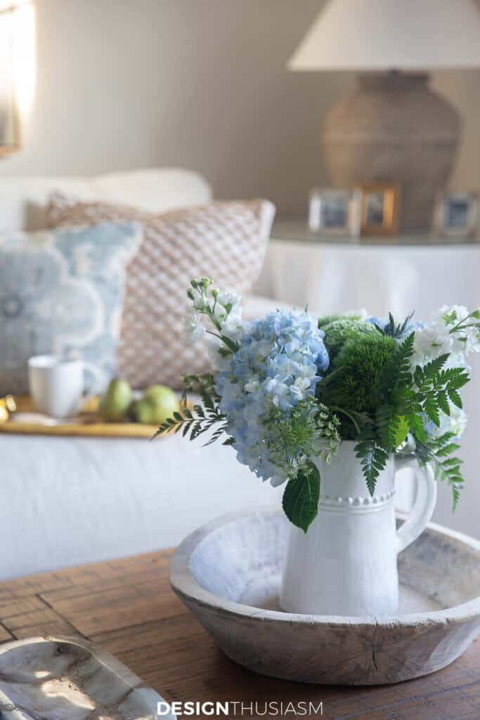 blue hydrangeas in a pitcher