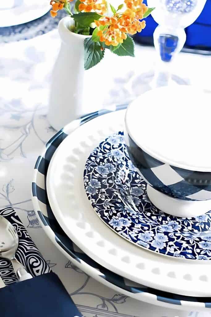 blue and white place setting