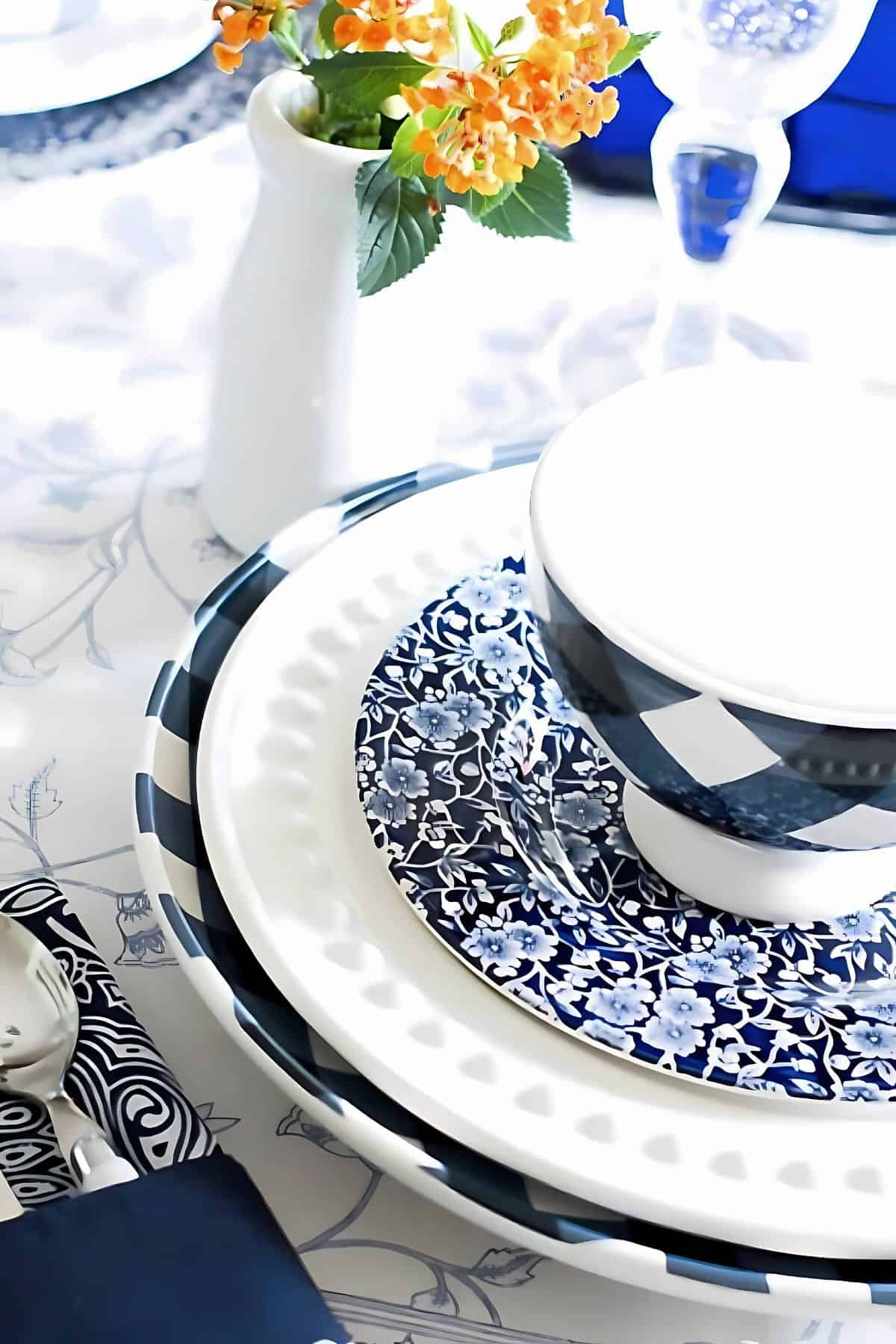blue and white place setting