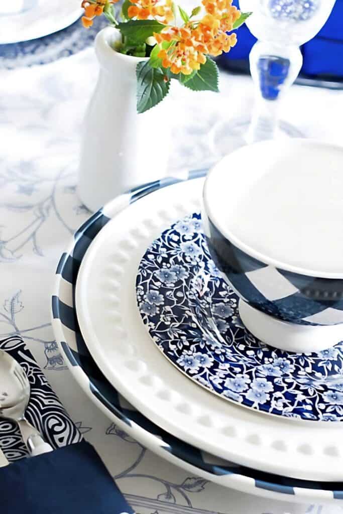 blue and white place setting
