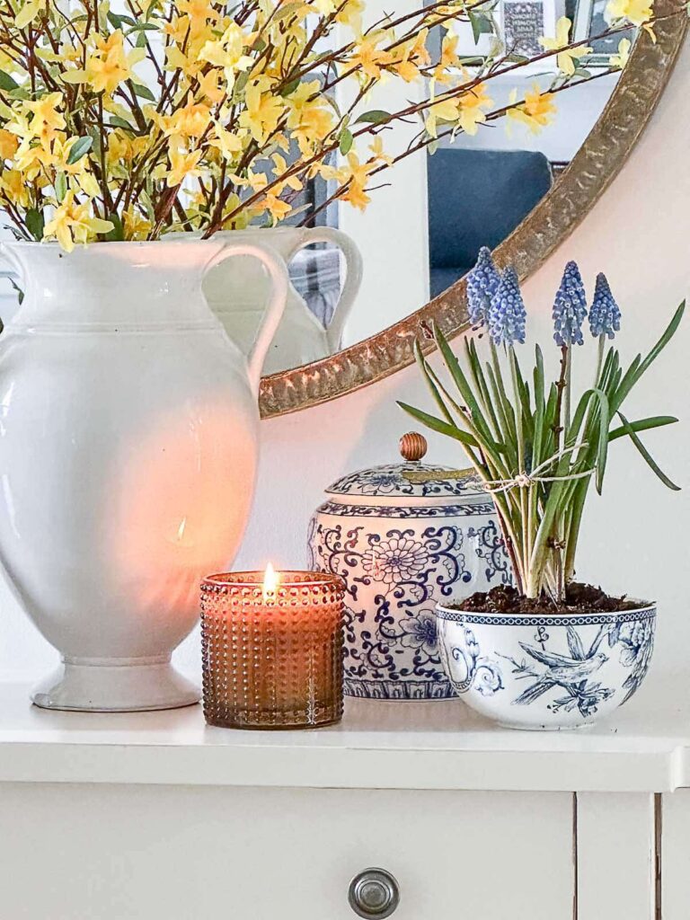 spring blooms on a foyer table