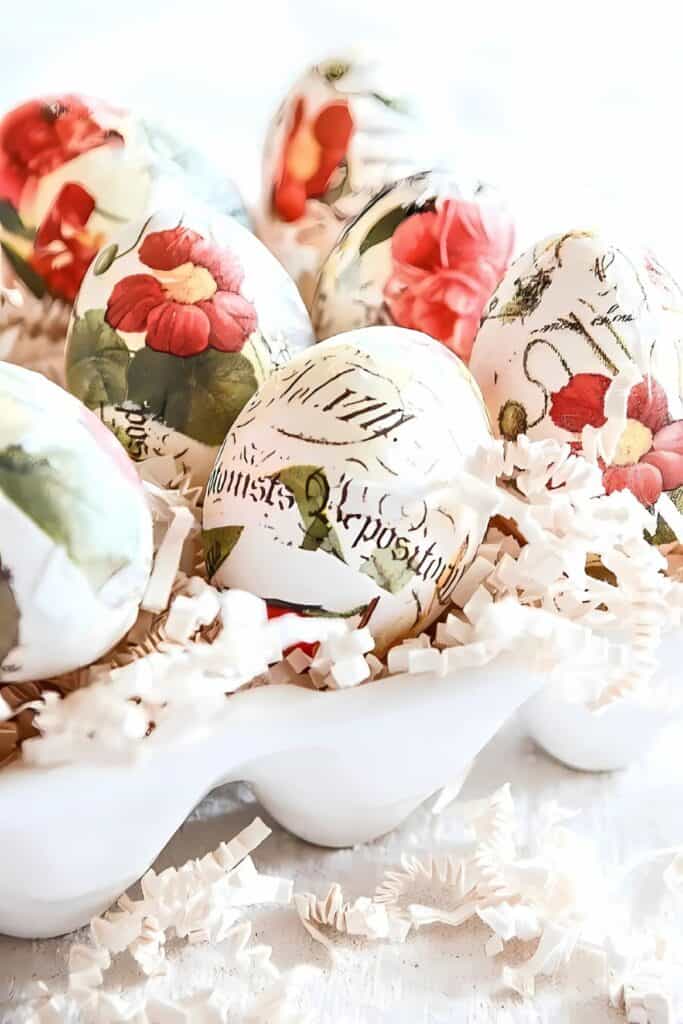 Easter Decorations- decoupaged eggs in ceramic egg carton