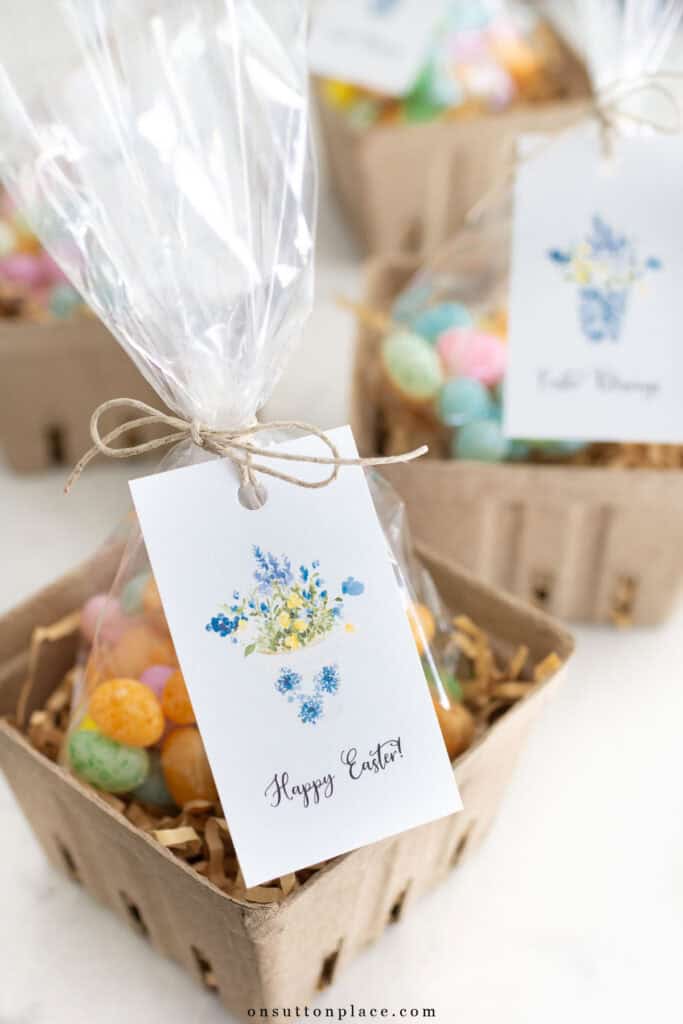 basket of jelly beans with a gift tag