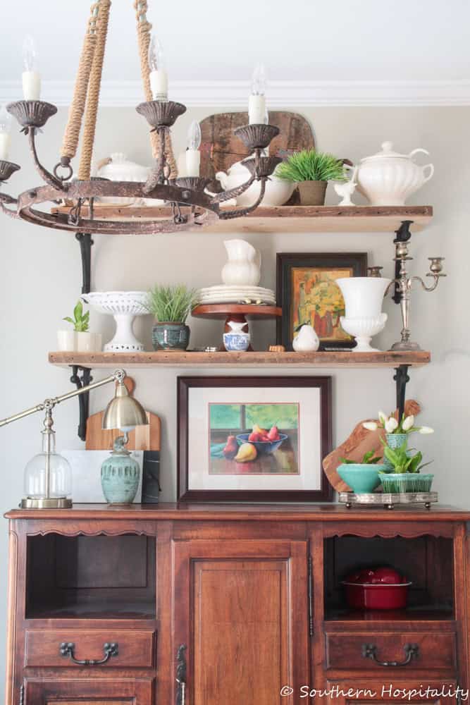 kitchen shelves with spring decor