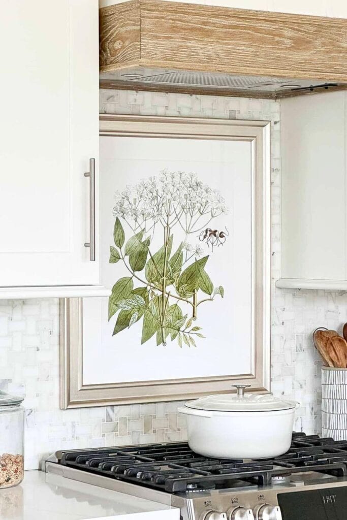 Framed botanical print hanging above the stove as kitchen countertop decor