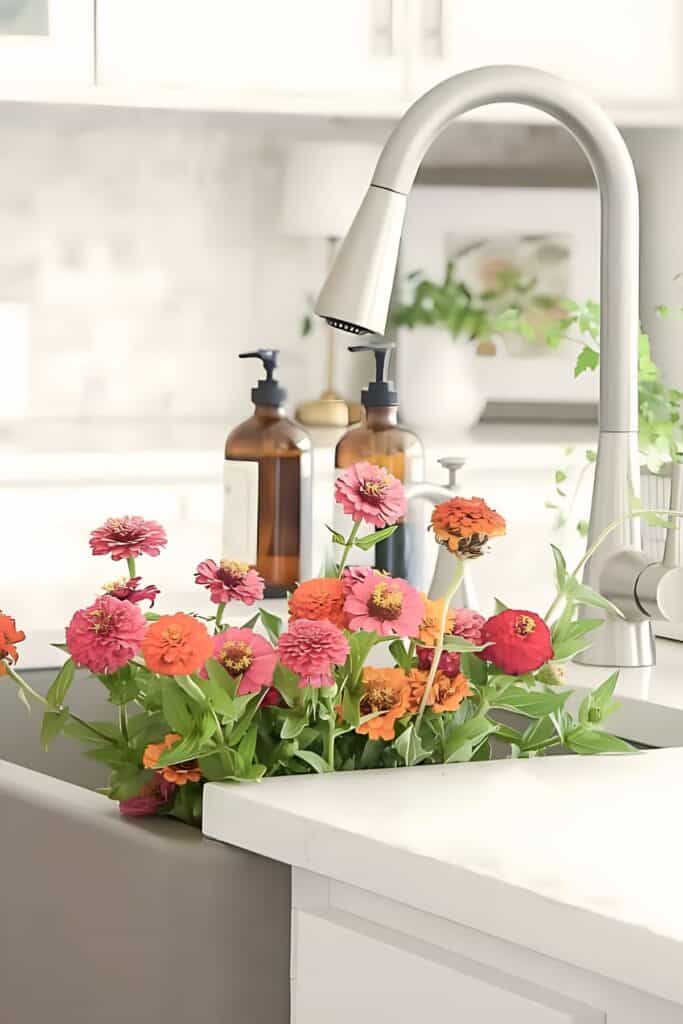 Fresh cut zinnias filling a kitchen sink as a natural countertop decor idea