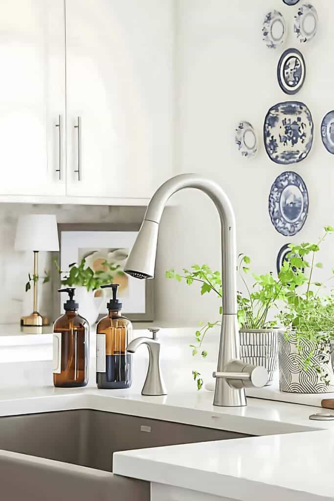 Kitchen countertop decor with potted herbs and amber glass soap dispensers by the sink