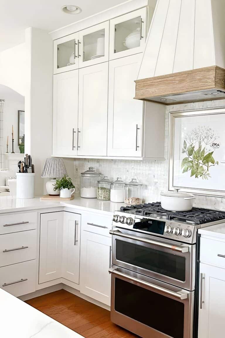 Kitchen countertop decor near the stove with glass canisters, a knife crock, and a botanical print
