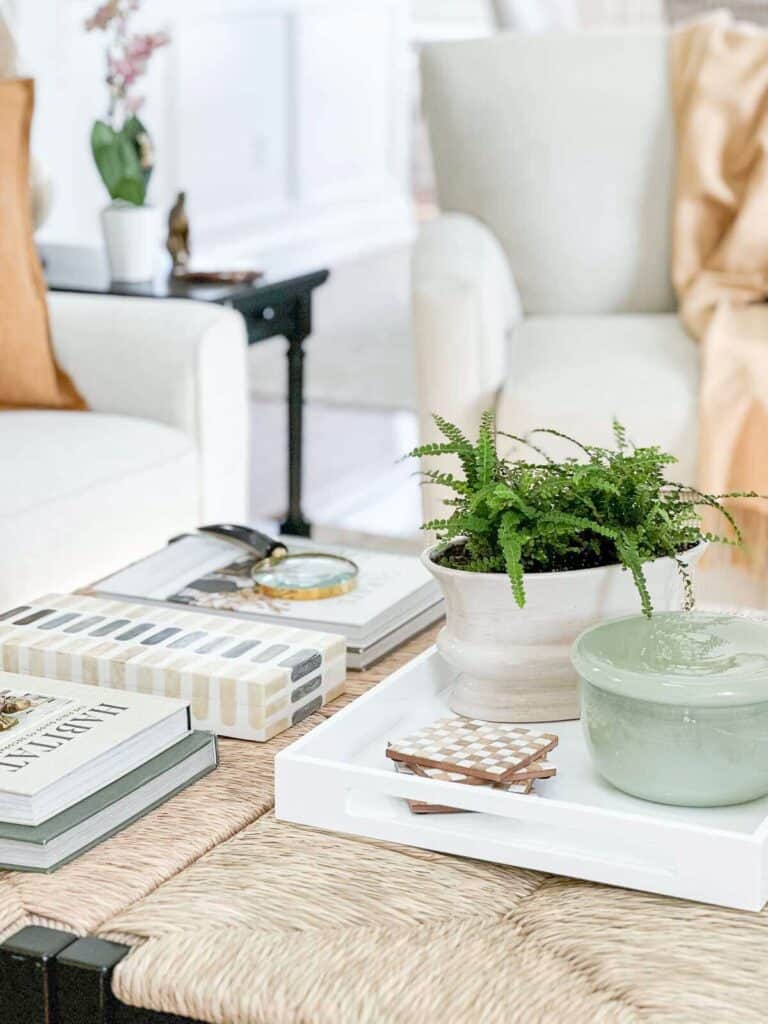 large coffee table- close up of items on a coffee table