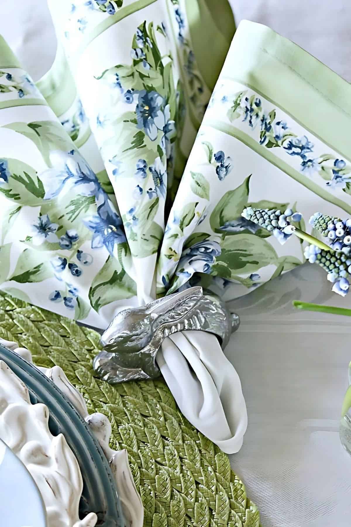Close up of a bunny napkin ring on an Easter table