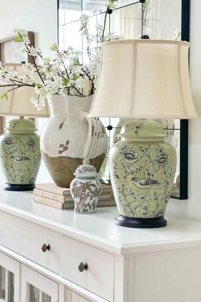 ginger jar lamps on a white buffet
