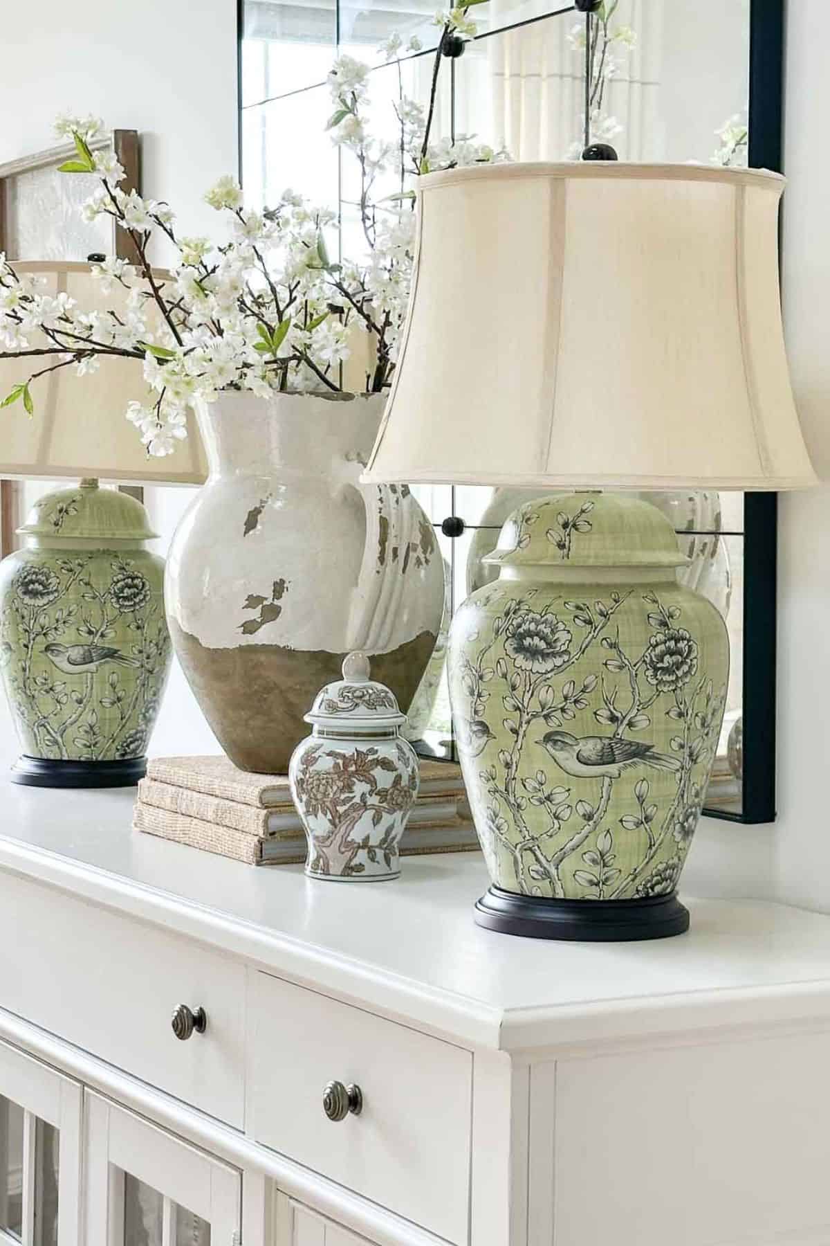 ginger jar lamp on a white buffet