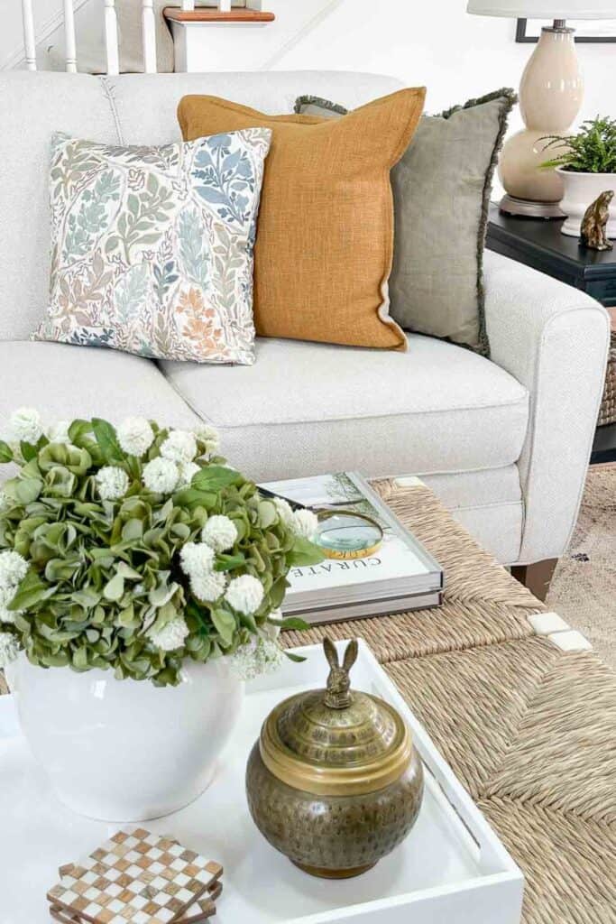 pillows on the sofa in a spring living room