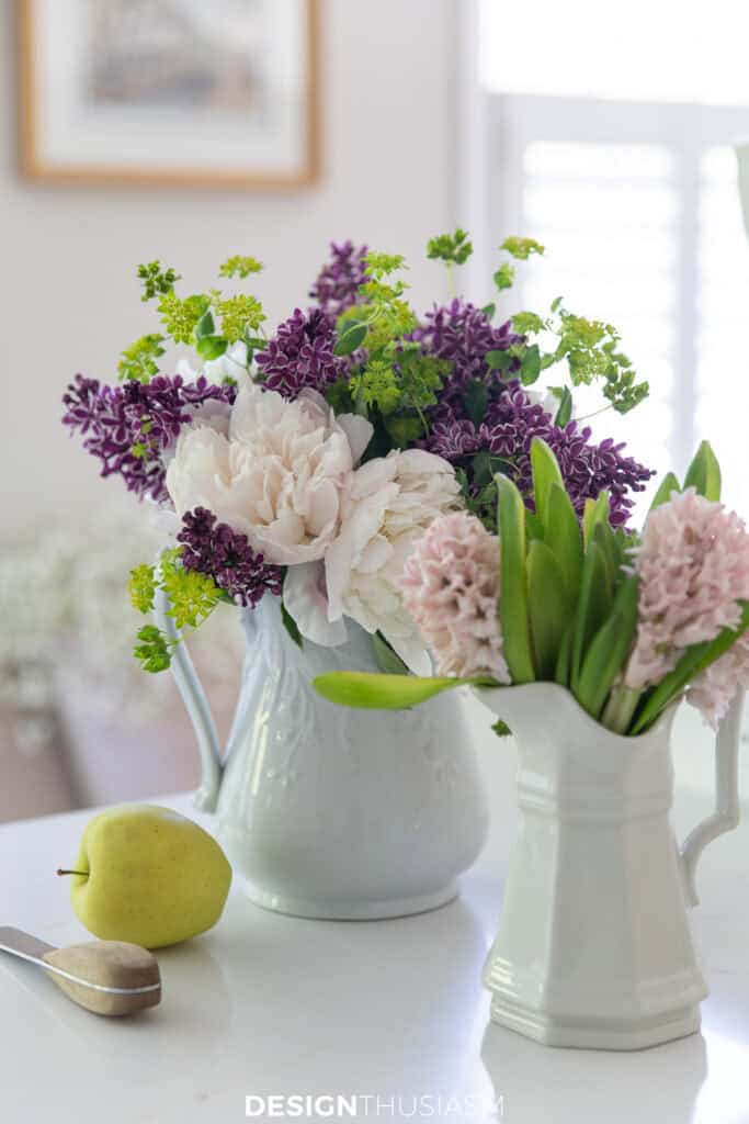 pitchers of spring flowers