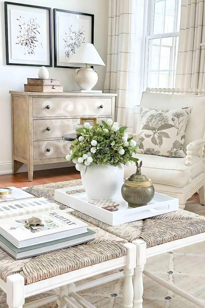 spring living room- coffee table with green hydrangeas in a white urn