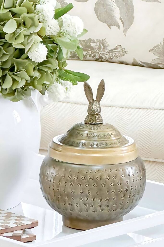 spring living room-metal rabbit container in a white tray