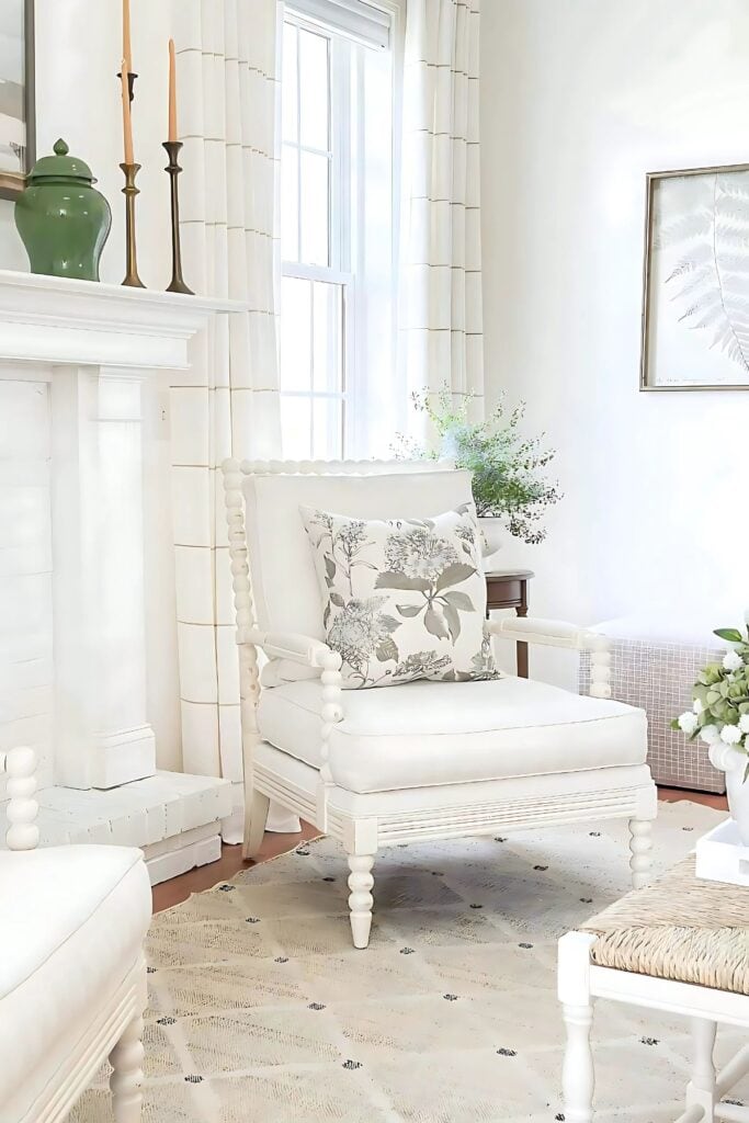 pillows on a spindle chair in a spring living room