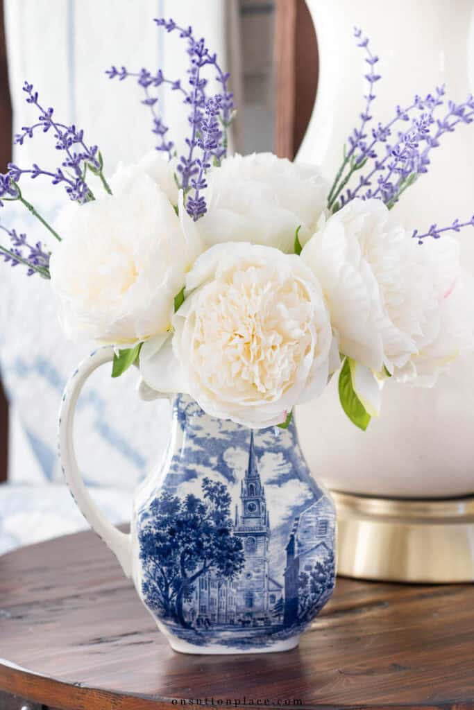 beautiful bouquet in a blue and white pitcher