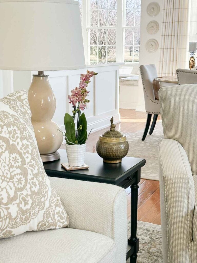 a purple and green orchid on a side table