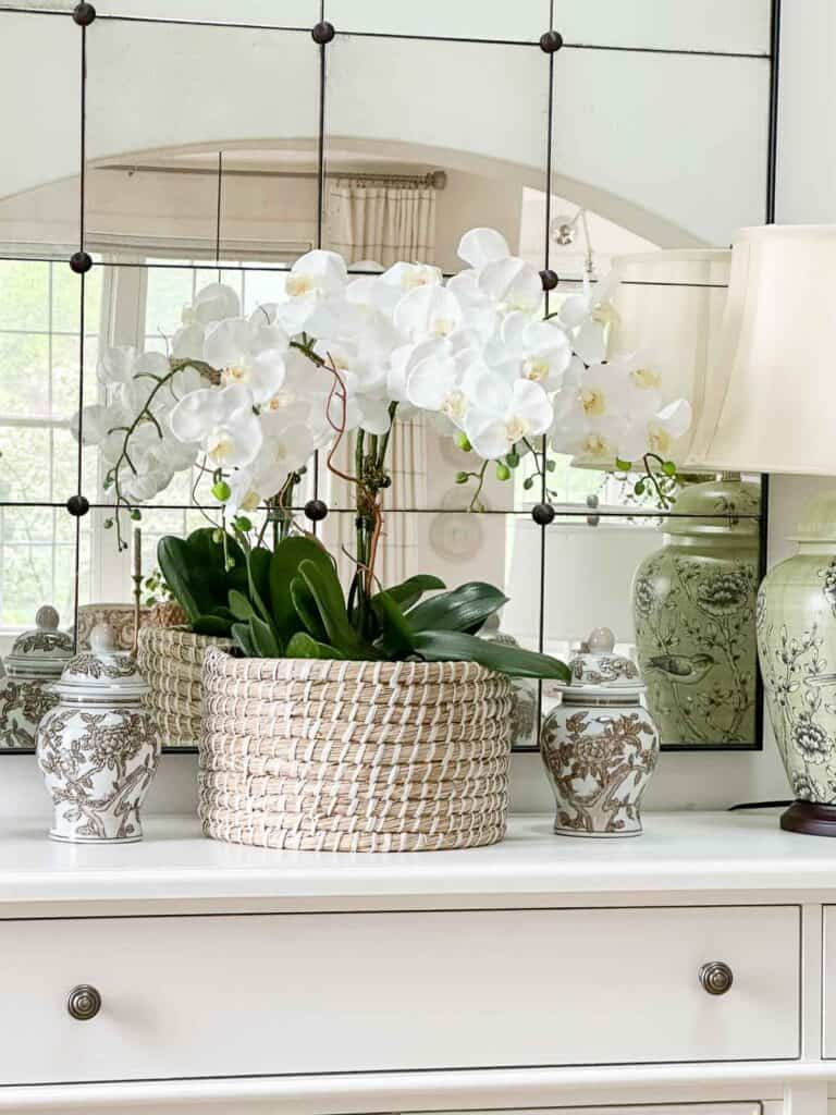 orchids on a white buffet