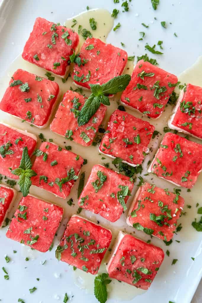 watermelon feta salad on a platter