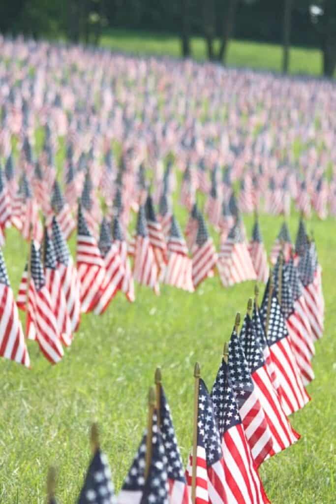 Hundreds of small American flags placed on graves at a national cemetery on Memorial Day stretching across a green lawn