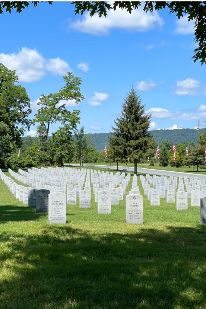 Rows of white headstones at a national cemetery on Memorial Day with American flags and green rolling hills under a bright blue sky