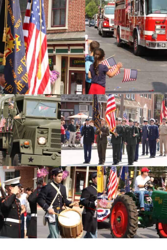 Collage of a small town Memorial Day parade with color guard, military vehicles, Civil War reenactors, marching bands, and children waving American flags along the street