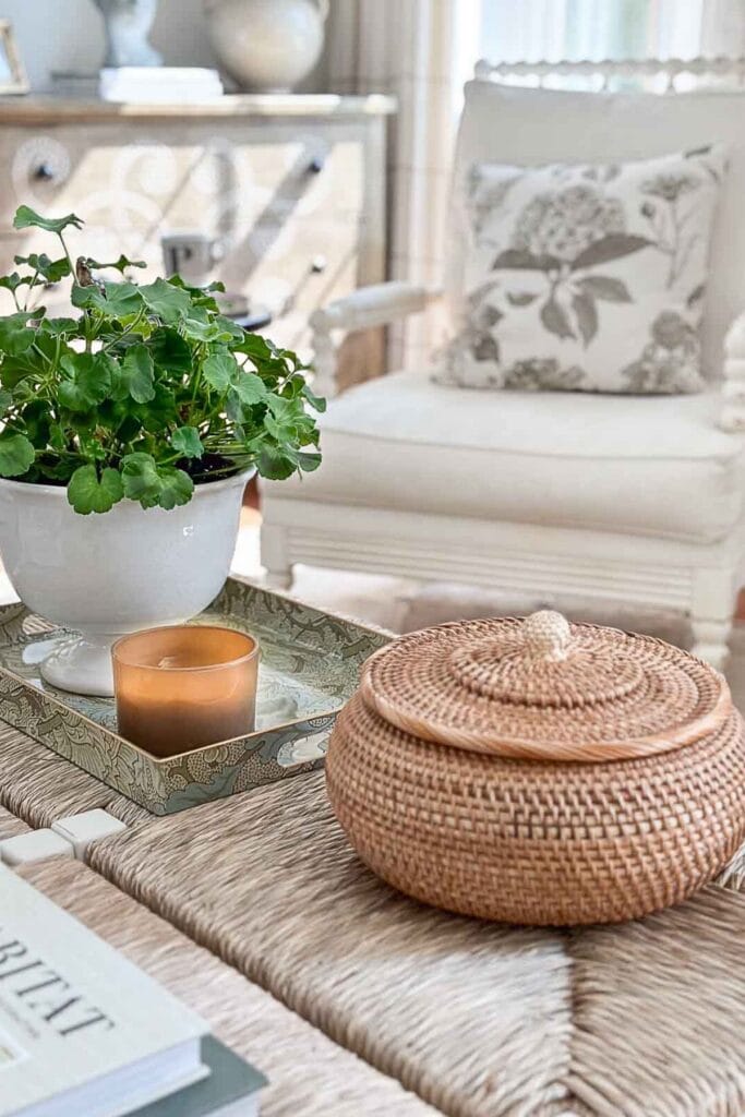 coffee table in a living room with accent decor