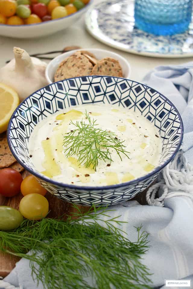 soup in a blue and white bowl