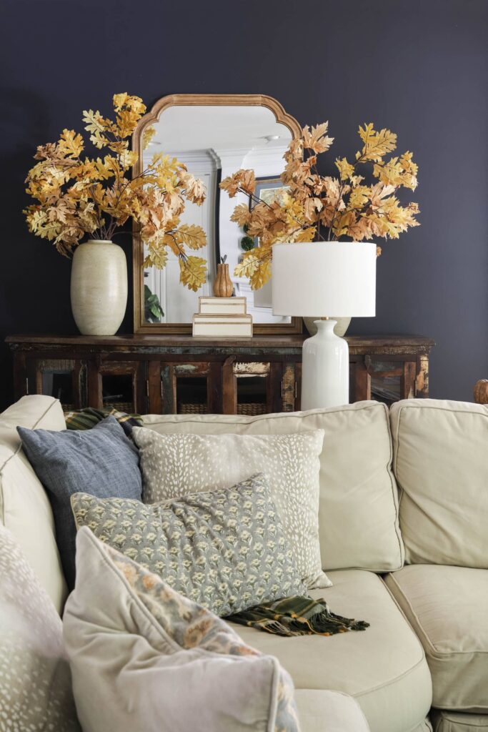 family room decorated for fall