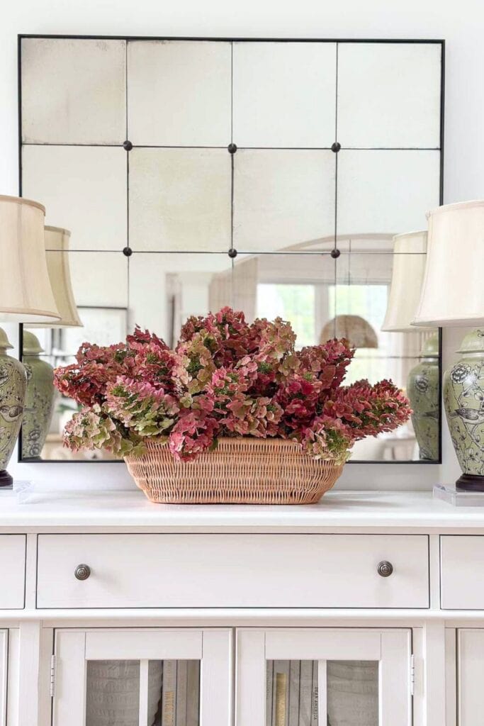 basket of red hydrangeas