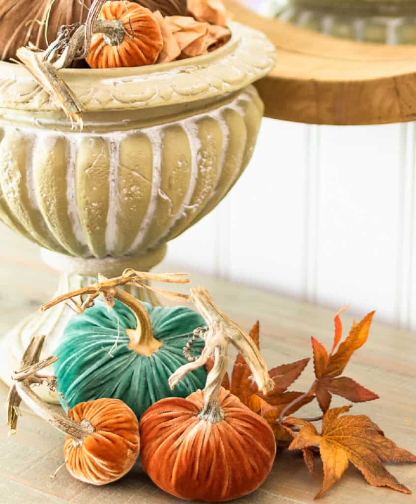 urn with velvet pumpkins