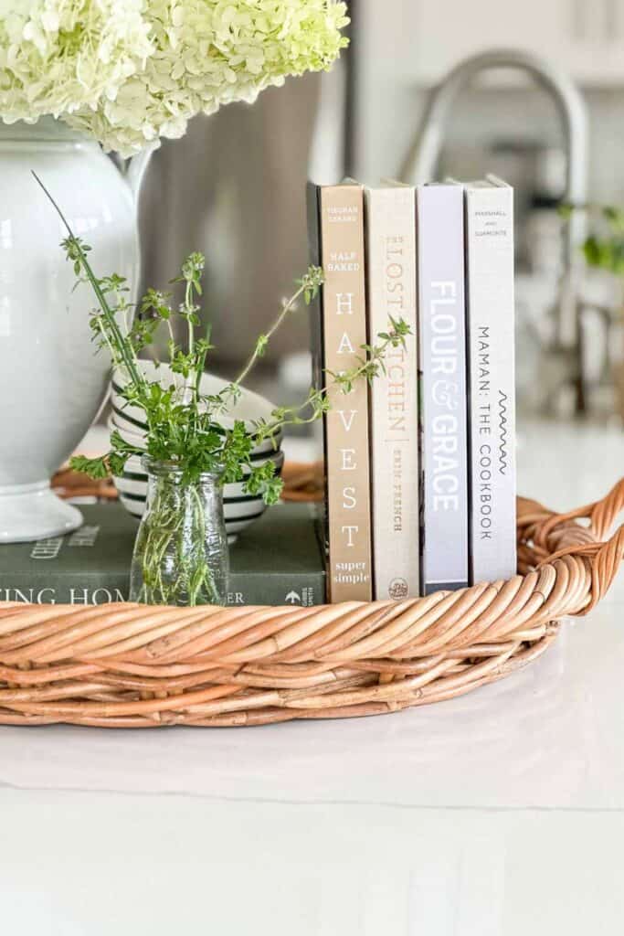 books in a vignette in a kitchen