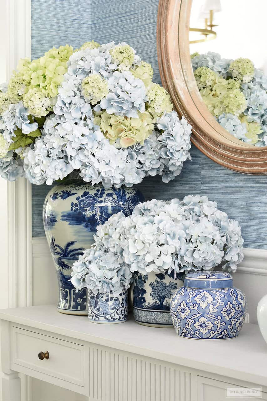 faux hydrangeas styled in chinoiserie urns