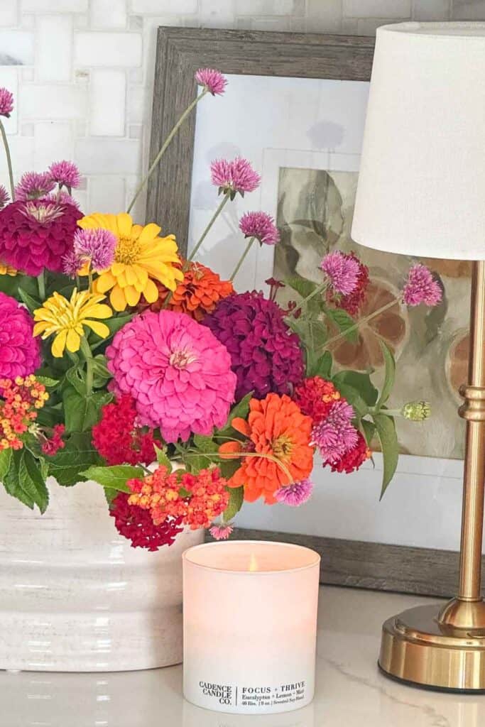 zinnias on the kitchen counter