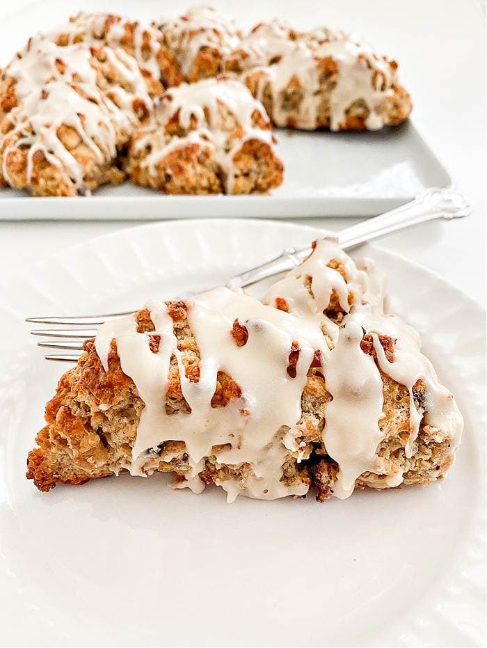 maple glazed banana scones slice on a plate
