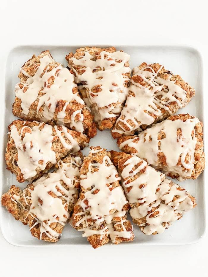 plate of maple glazed banana bread scones