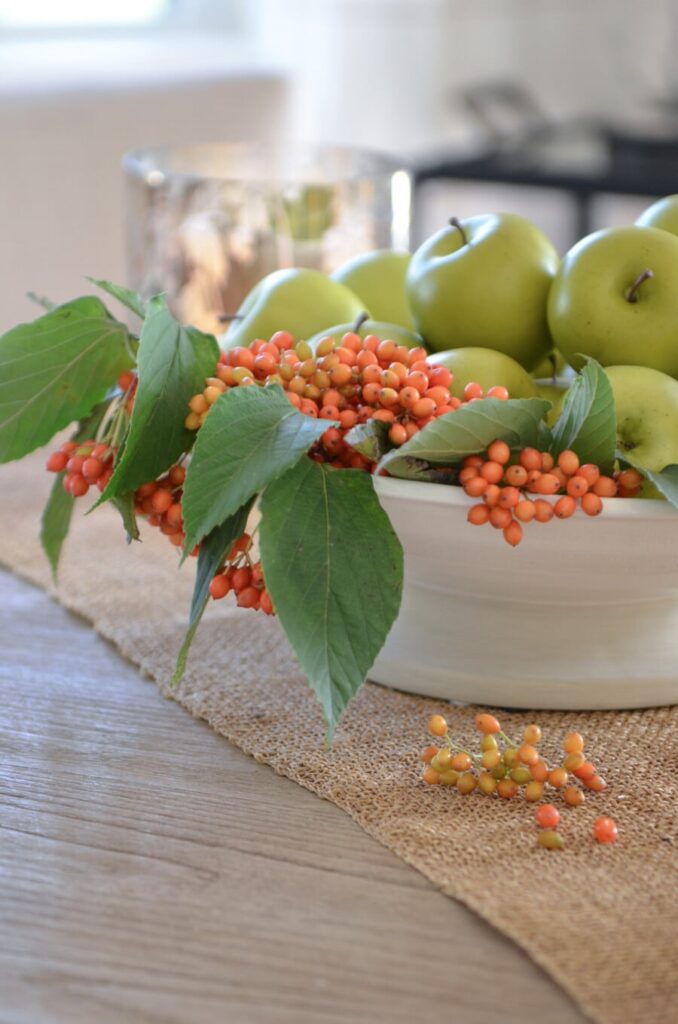 Green apples and orange berries with leaves in a bowl on a burlap table runner