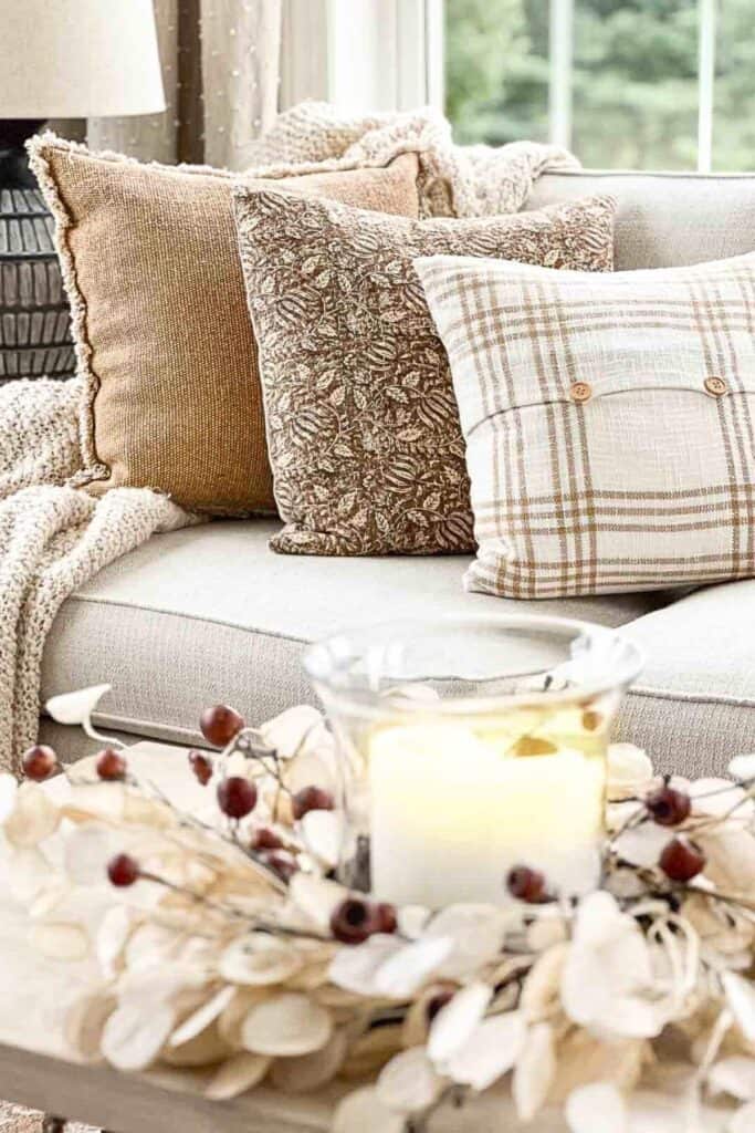 Trio of fall pillows in warm neutral tones on a sofa with a lit candle and berry wreath on the coffee table