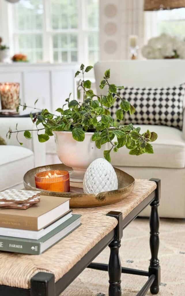 Woven bench used as a coffee table, styled with a brass tray holding a white planter of greenery, an amber candle, and a decorative textured egg, beside a stack of books and coasters.