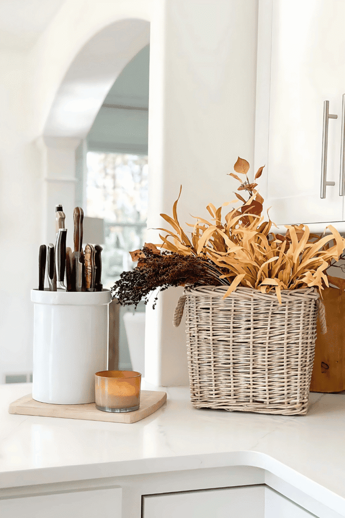 Neutral fall kitchen decor with a wicker basket of dried grasses and seeds, a white utensil crock, and a seasonal candle.