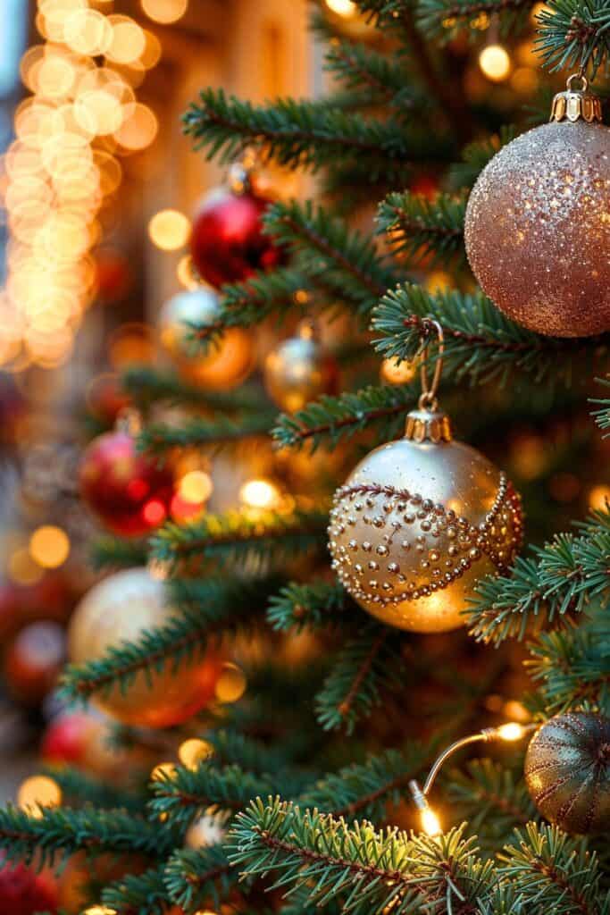 Christmas 2025 CastleCore trend with gold ornaments, glowing lights, and classic greenery for an elegant old-world holiday look.