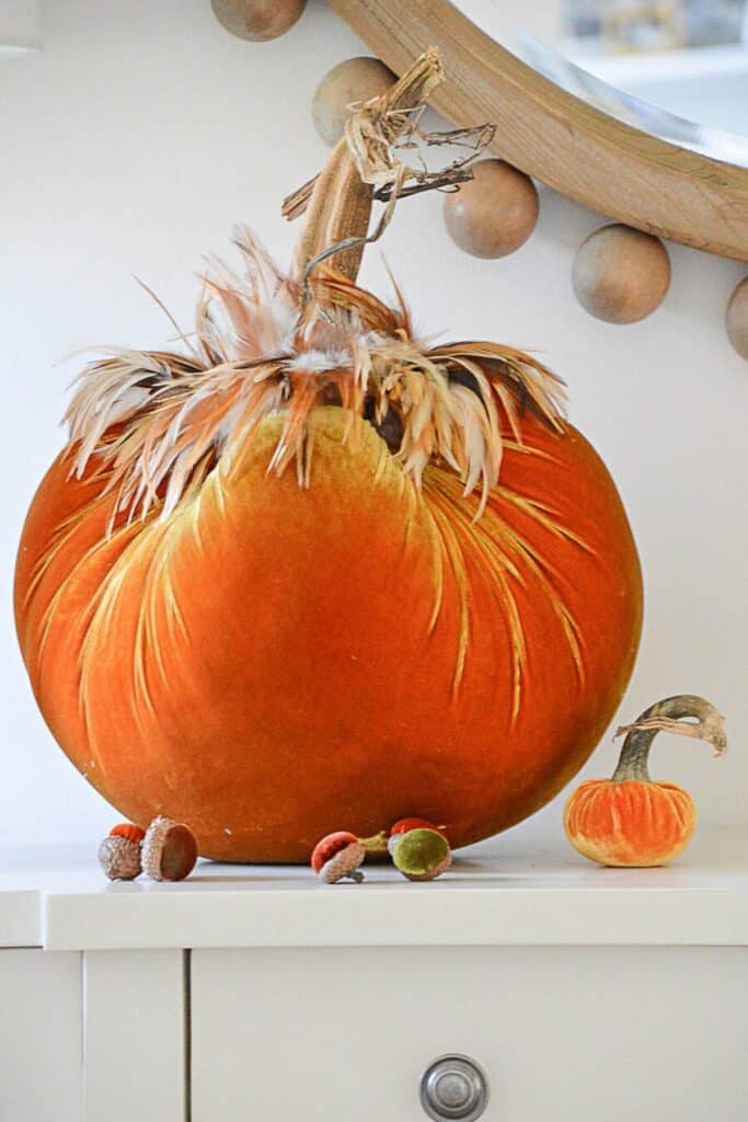 Large orange velvet pumpkin topped with feathers and natural stem on white furniture, elegant fall decorating idea for entryway or sideboard.