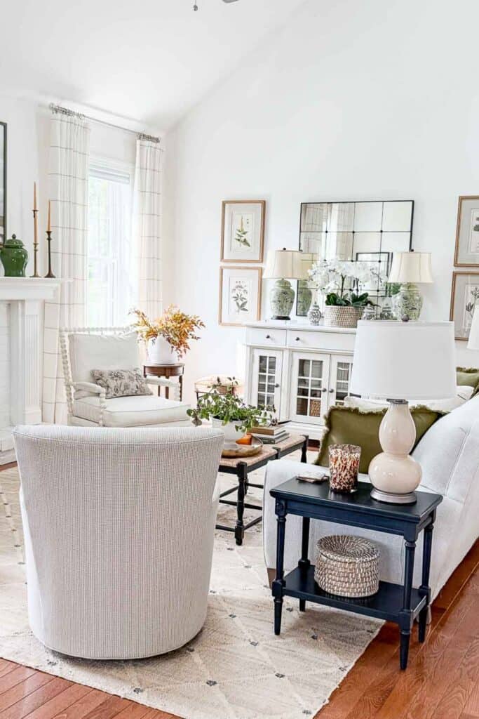 a swivel chair floating in the living room to create a cozy conversation area
