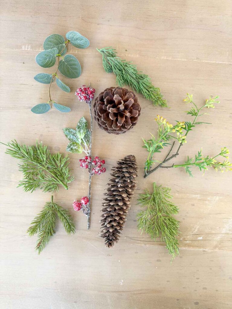 some of the items used in the brambly Christmas wreath