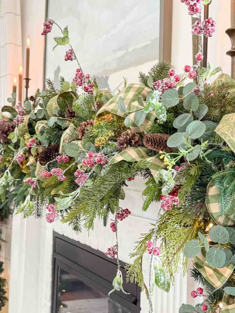 brambly Christmas wreath across a white mantel