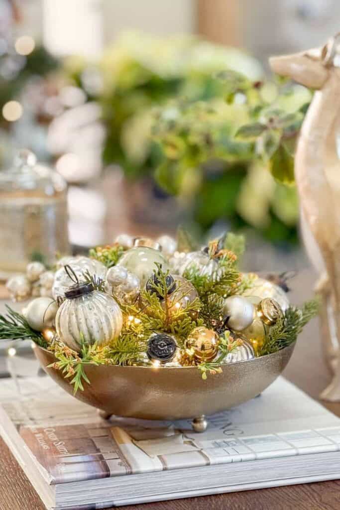 bowl of ornaments on a coffee table