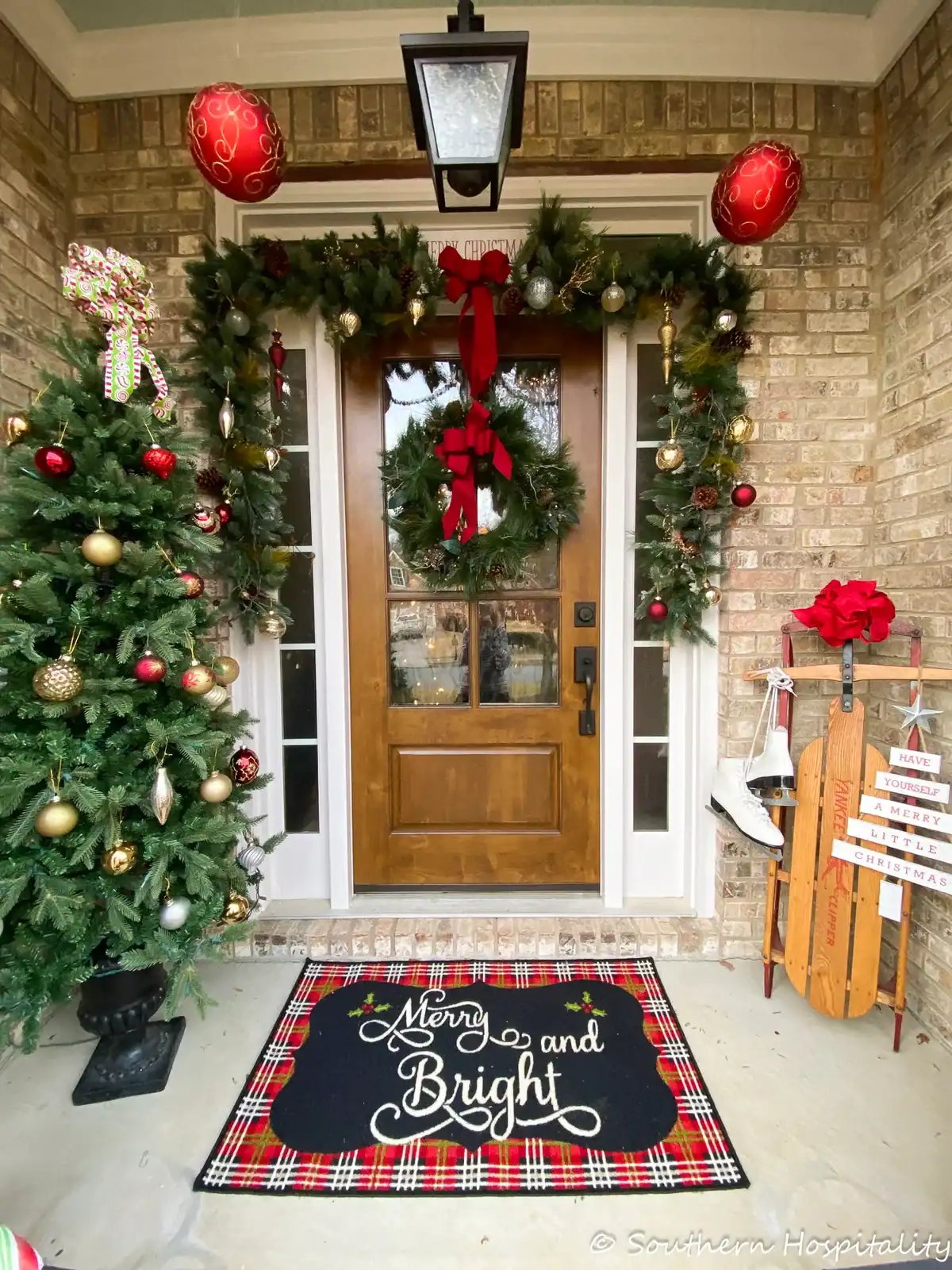 front porch decorated for Christmas