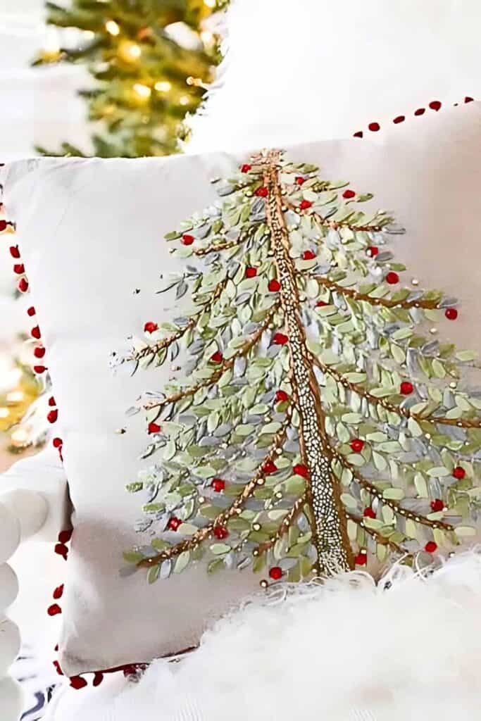 Christmas pillow with ribbon made with ribbons